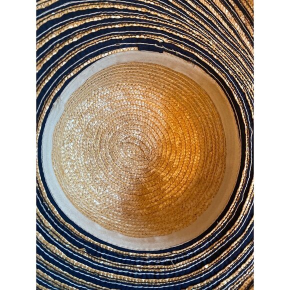 Classic Straw Beach Sun Hat Wide Black Striped Brim One Size - Picture 5 of 5